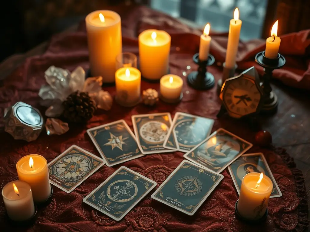 Tarot cards laid out on a table with candles and crystals.