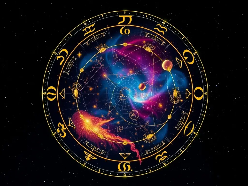 A serene celestial map with constellations and zodiac signs against a starry background.