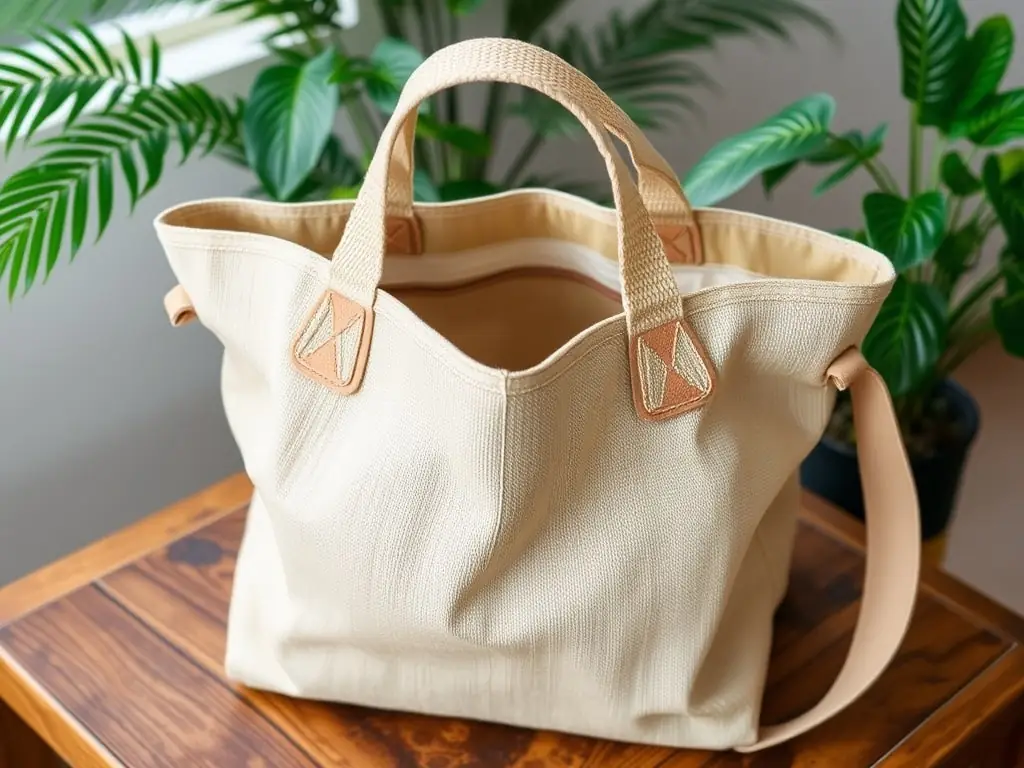 A stylish natural beige hemp tote bag on a wooden table with green plants.