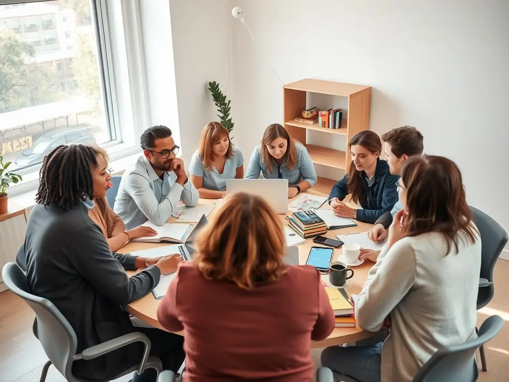 A group of individuals engaged in a lively discussion around a table filled with books and laptops.