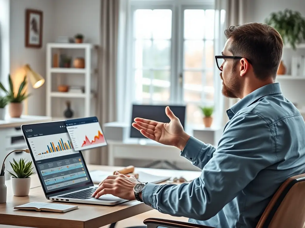 A digital marketing expert presenting a webinar on SEO strategies in a bright home office.