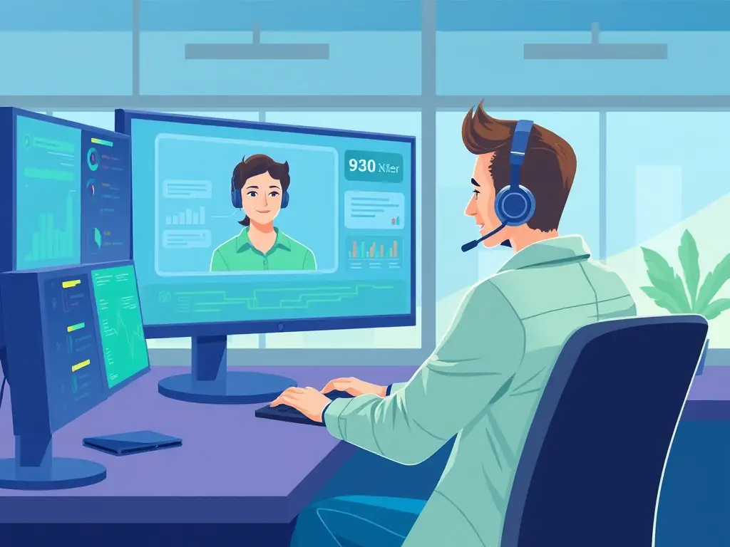 A tech support agent assisting a client remotely via video call.