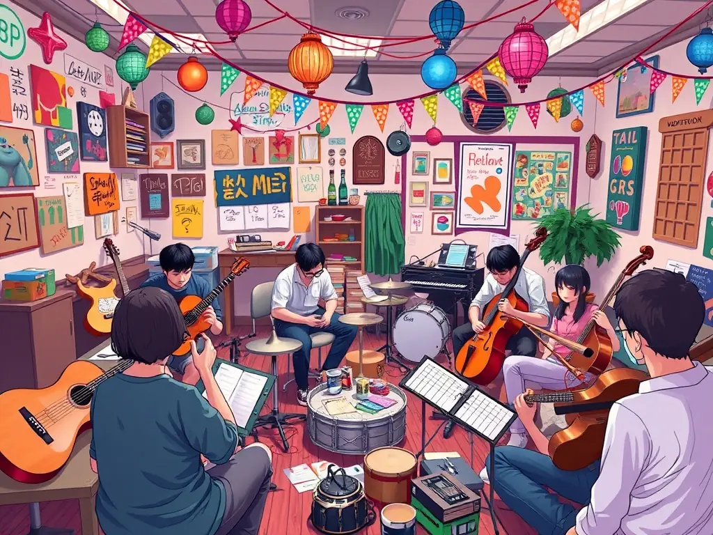 Participants learning to play various musical instruments in a creative workshop setting.