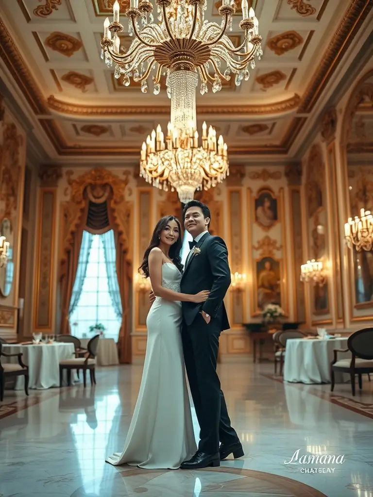 A couple posing in an elegant grand ballroom.
