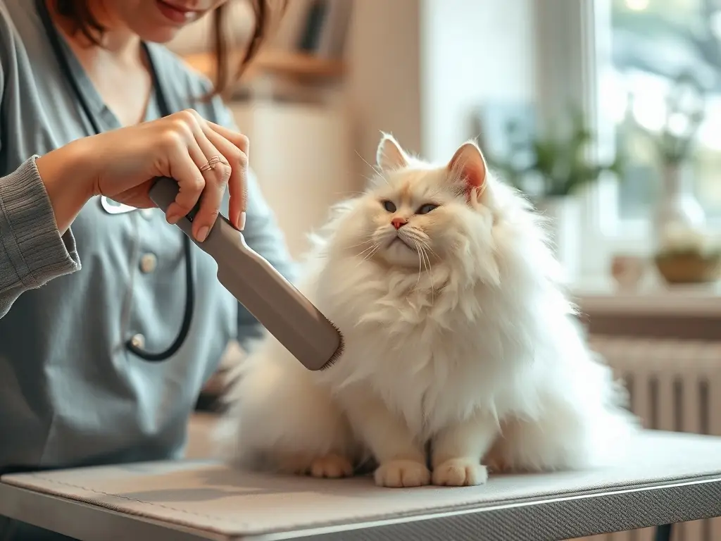 A fluffy white cat being groomed in a serene environment.