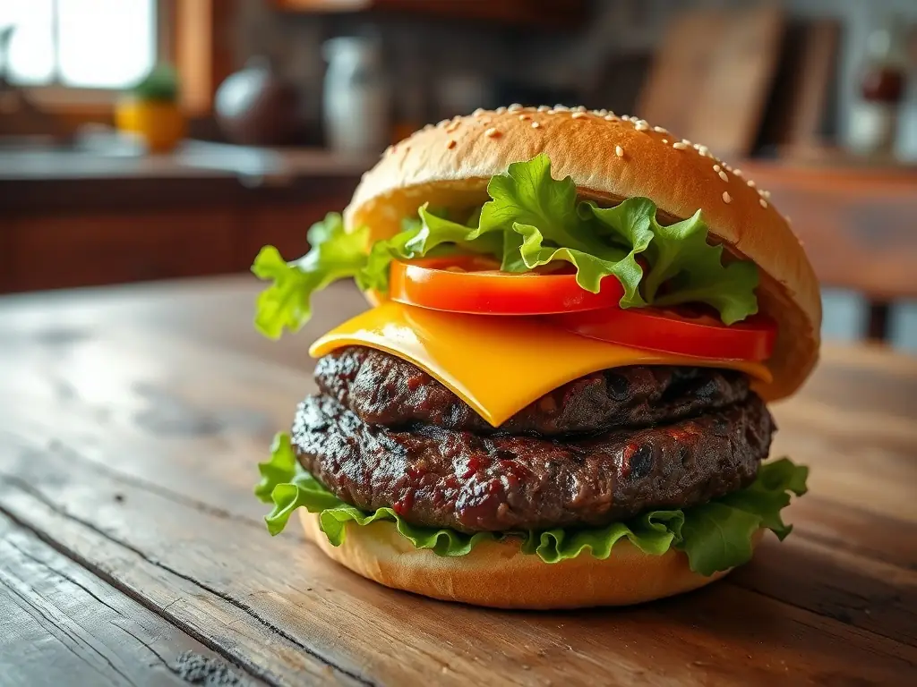 A juicy beef burger with fresh toppings in a rustic kitchen setting.