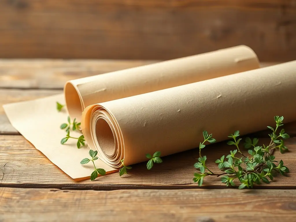 A roll of eco-friendly craft paper on a rustic wooden table with small plants.