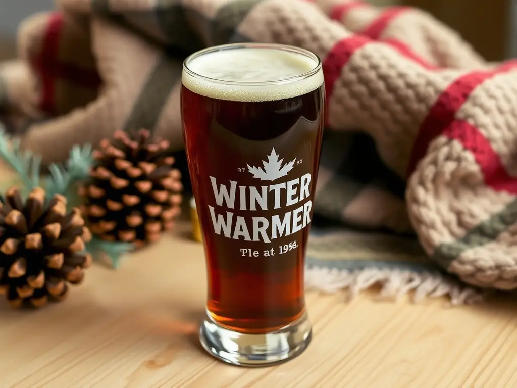 A glass of Winter Warmer ale surrounded by winter decorations on a wooden table.