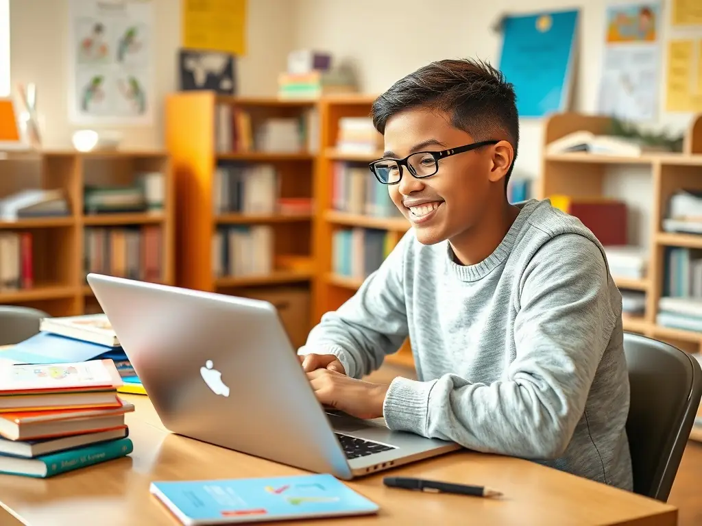 A student happily studying with a laptop and books, symbolizing the joy of learning.