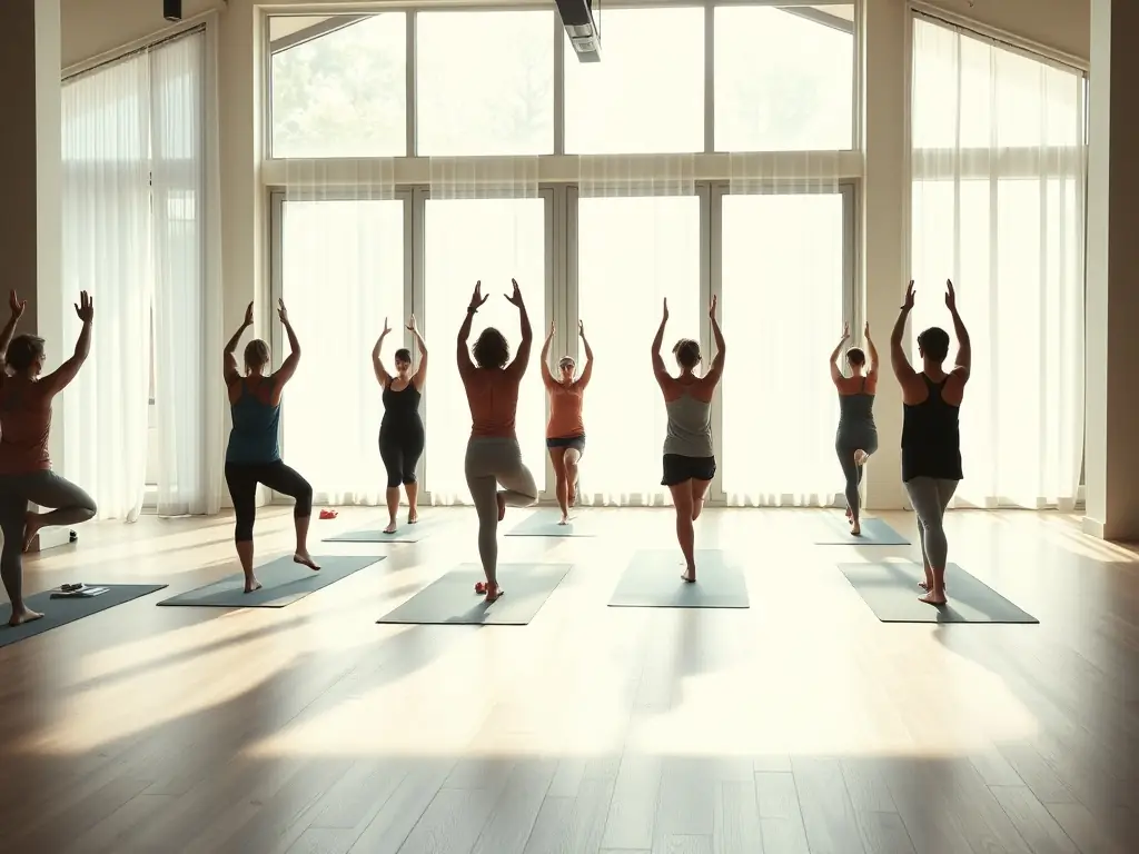 Participants practicing yoga poses in a tranquil studio setting.
