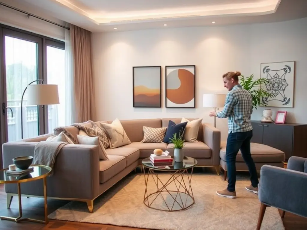 Interior designer arranging modern furniture in a stylish living room.