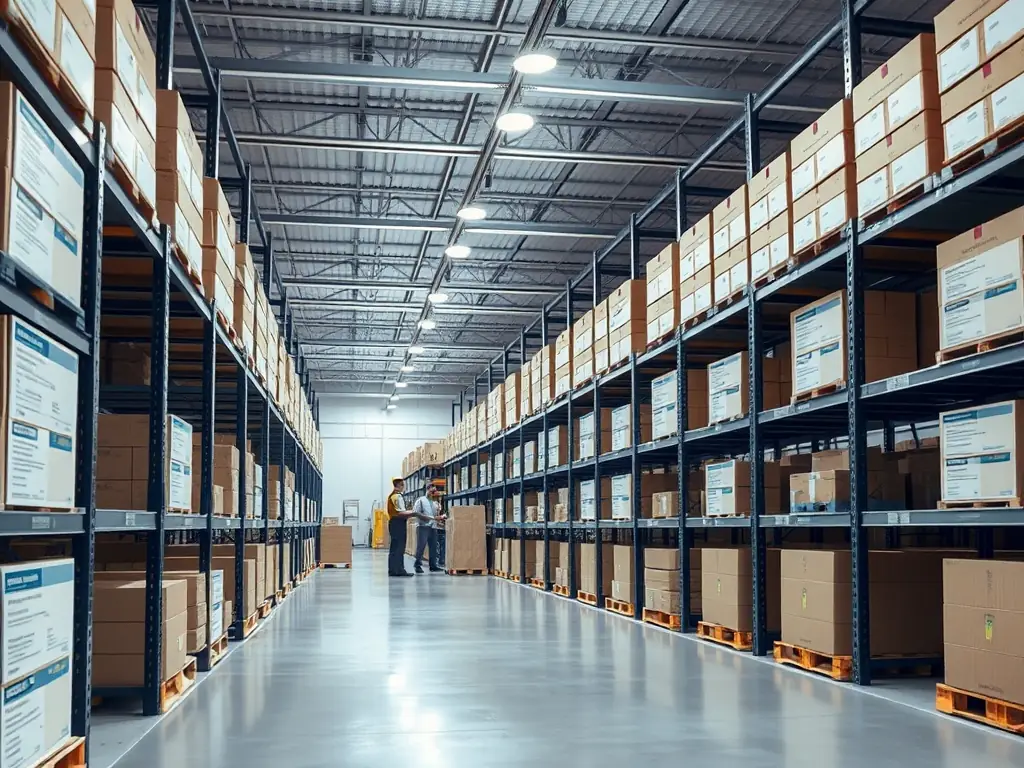 Interior view of StoreWise's organized warehouse with security features.