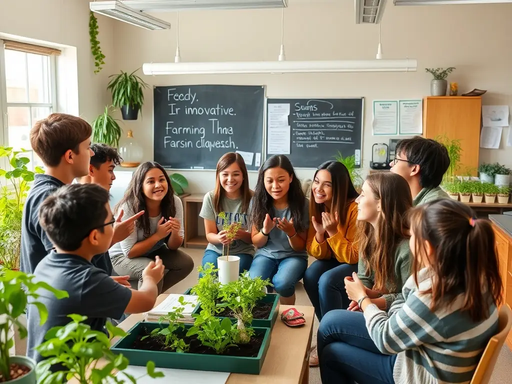 Students discussing innovative farming solutions in a collaborative classroom.