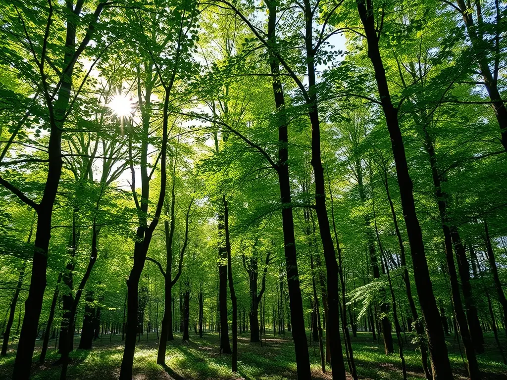 Serene forest with sunlight filtering through the trees.