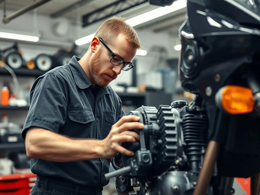 A certified mechanic working on a motorcycle engine in a repair shop.