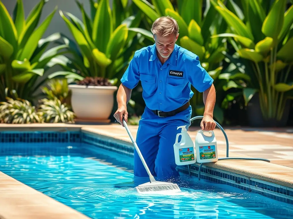 A technician cleaning a pool with eco-friendly products in a sunny backyard.