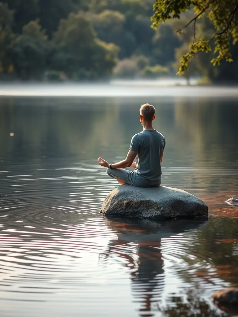 A person meditating by a tranquil lake in a serene environment.