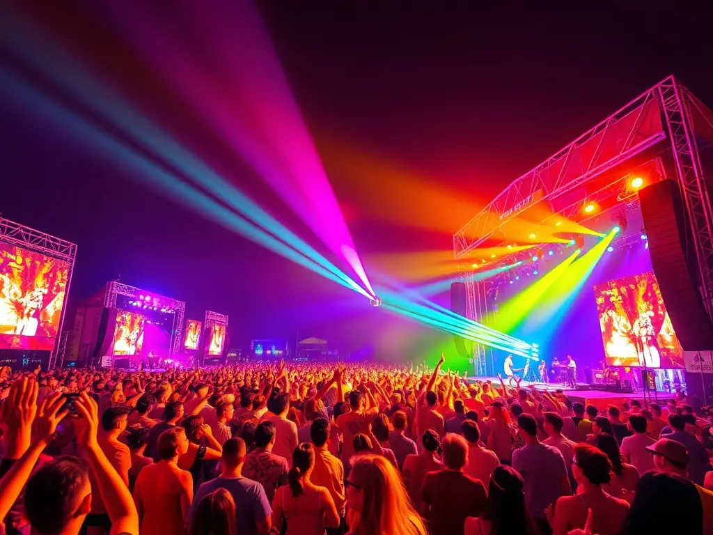 A lively music festival scene with a large crowd enjoying live performances.