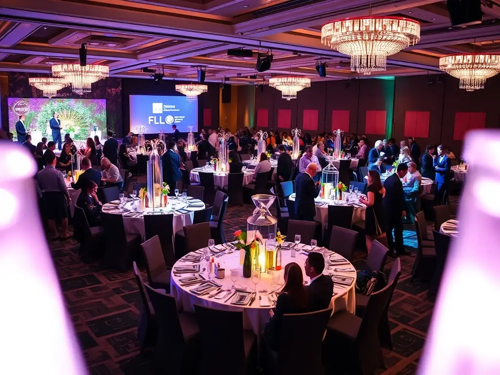 Vibrant corporate event with elegant decor and guests enjoying the atmosphere.