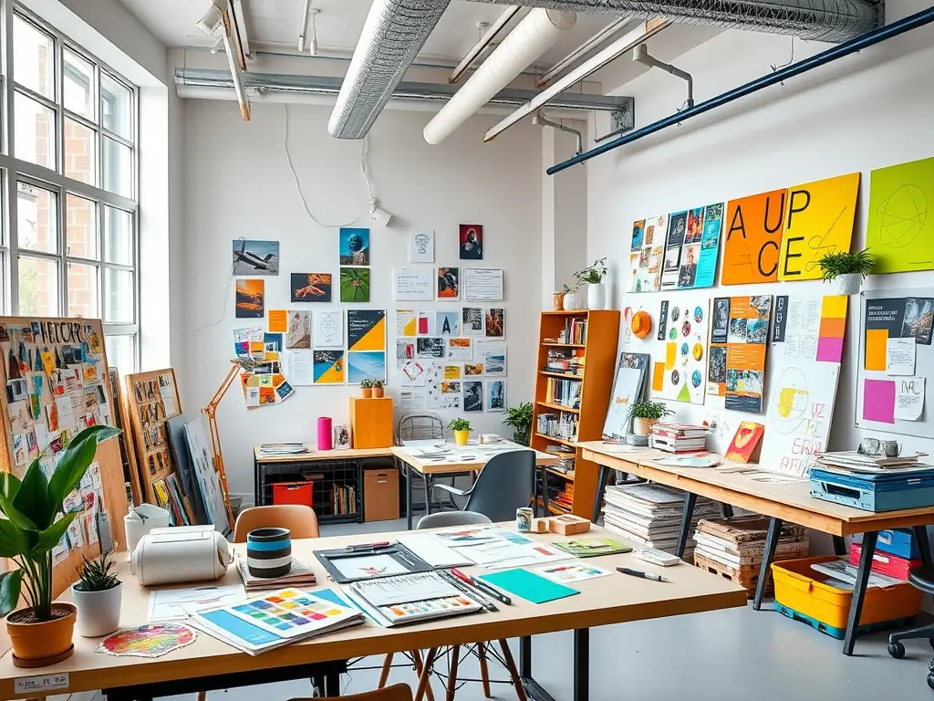 A vibrant workspace filled with colorful design elements and art supplies.