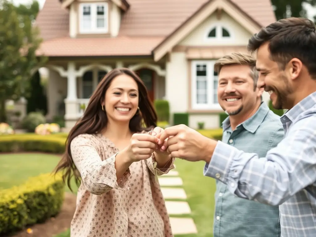 A family happily receiving keys to their new home.