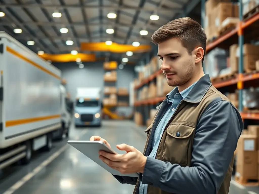 A supply chain manager optimizing logistics with digital tools in a warehouse.