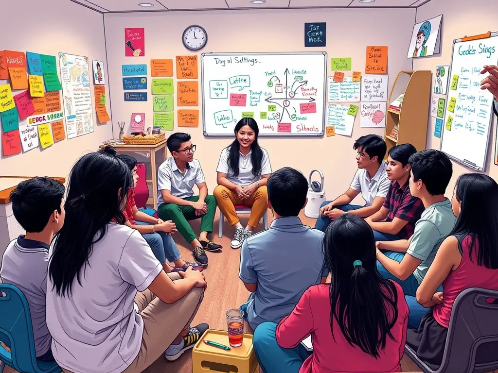 A group of students engaged in a goal-setting session with a mentor.