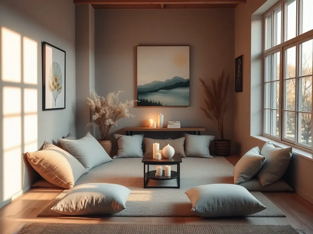 A cozy meditation space with soft lighting and cushions.