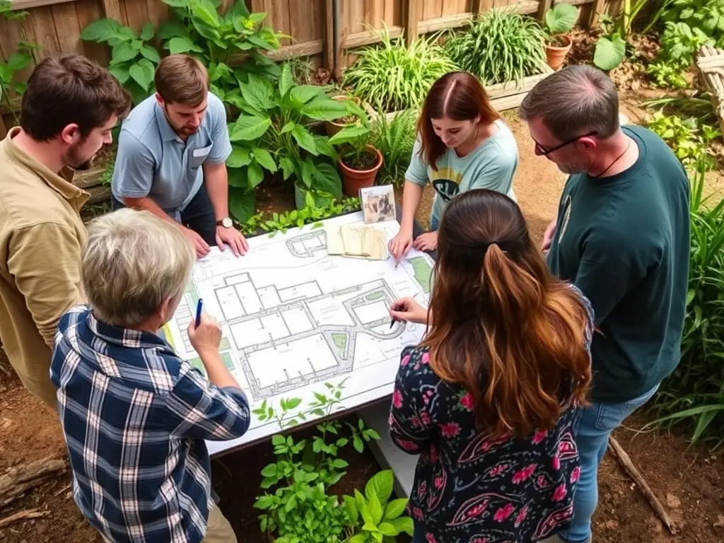 Participants in a permaculture design workshop, illustrating collaborative learning and design planning.