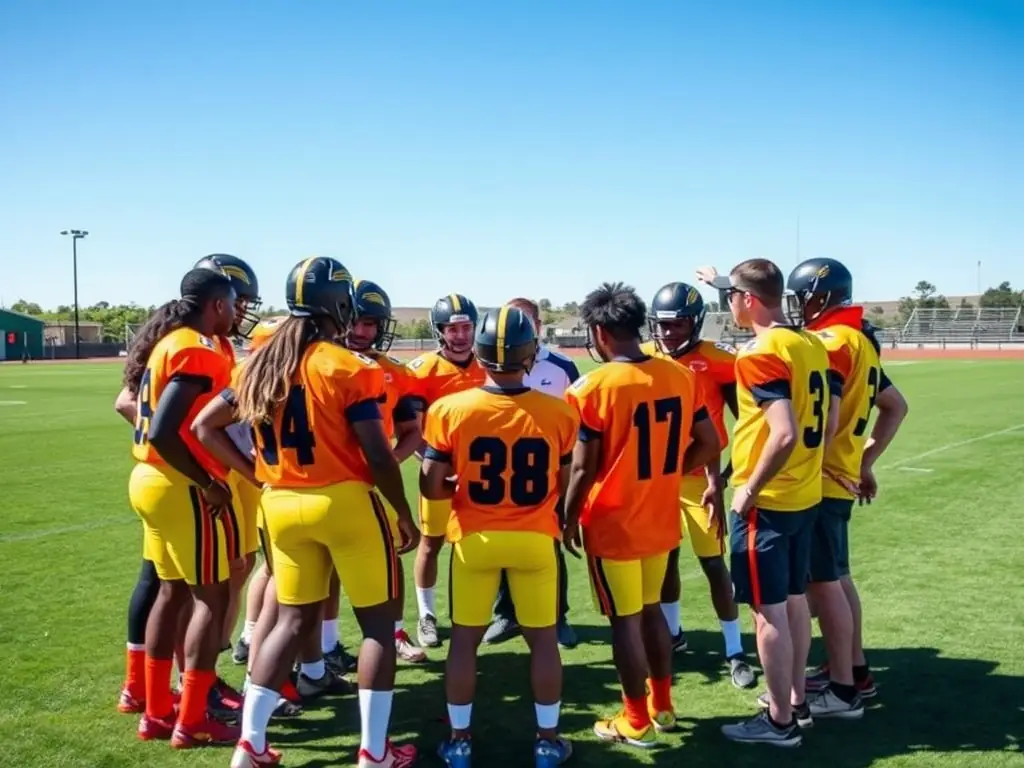 Football players huddled with a coach discussing game strategy on the field.