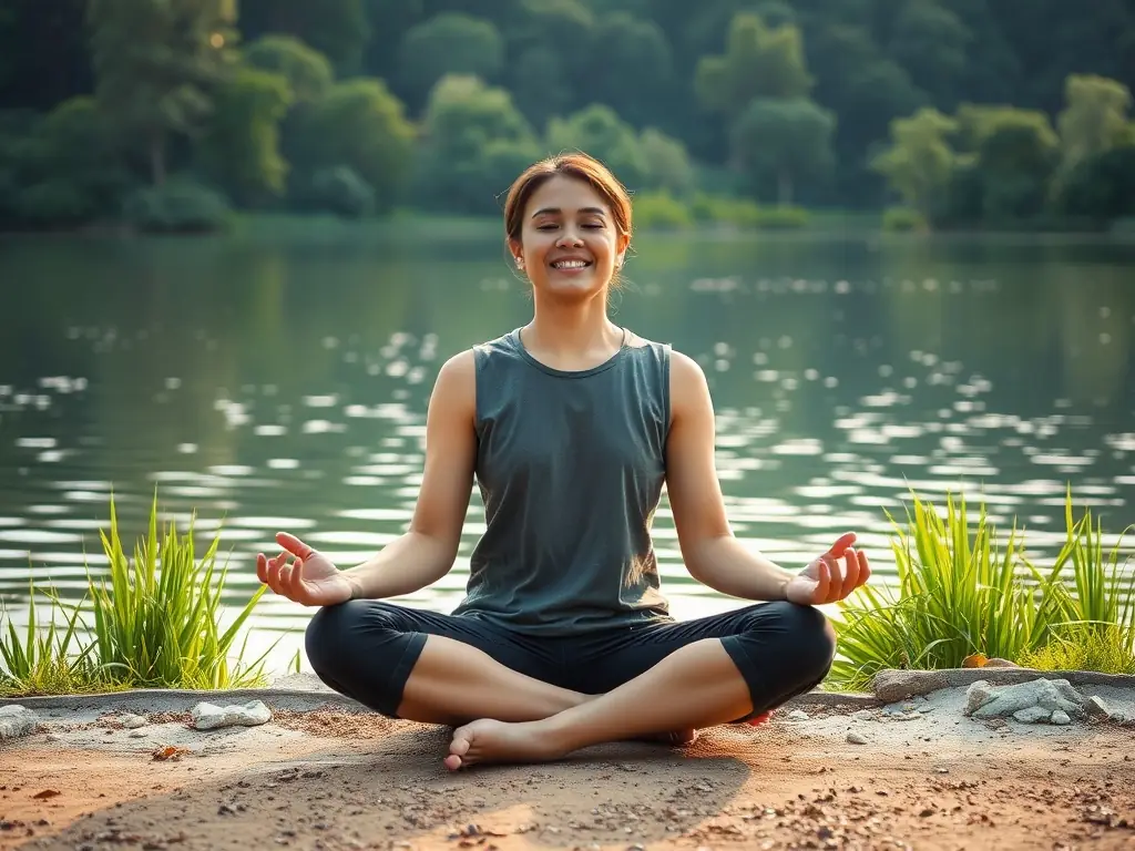 A person meditating by a calm lake surrounded by greenery.