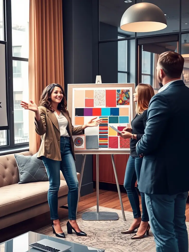 A designer presenting a mood board to a client in a stylish office.