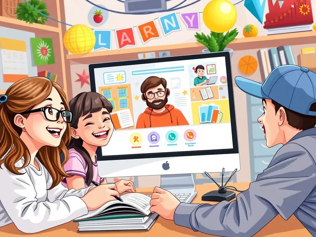 A group of happy students engaged in a remote learning session with their tutor.