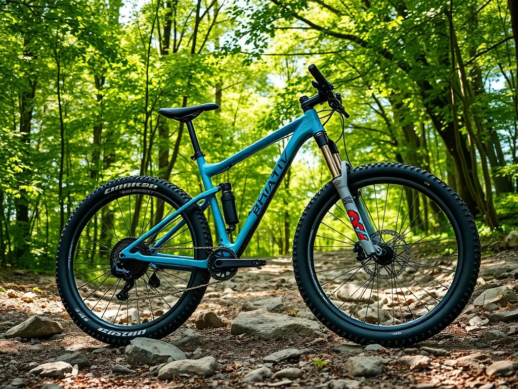 Refurbished mountain bike on a rocky trail surrounded by trees.