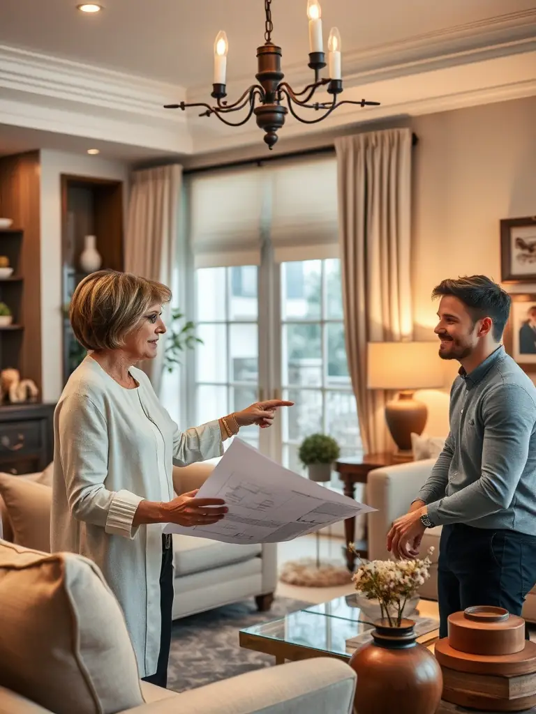 A designer discussing plans with a client in a beautifully decorated living room.
