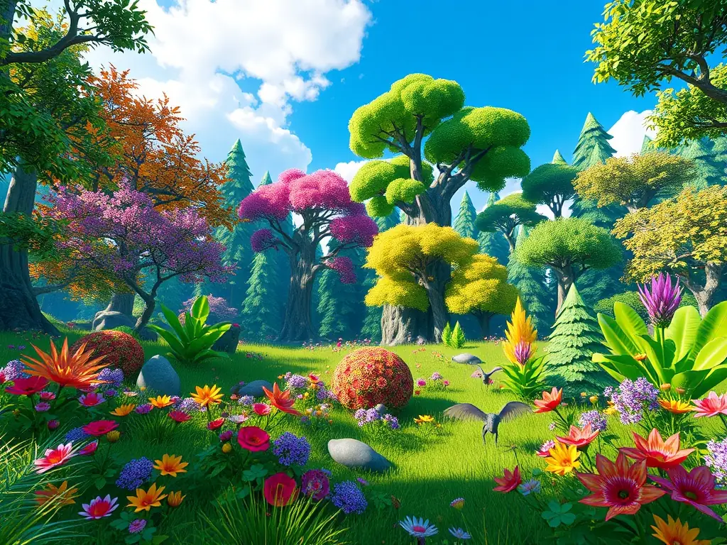 A vibrant forest environment from the game 'Quest for the Lost Pixel.'