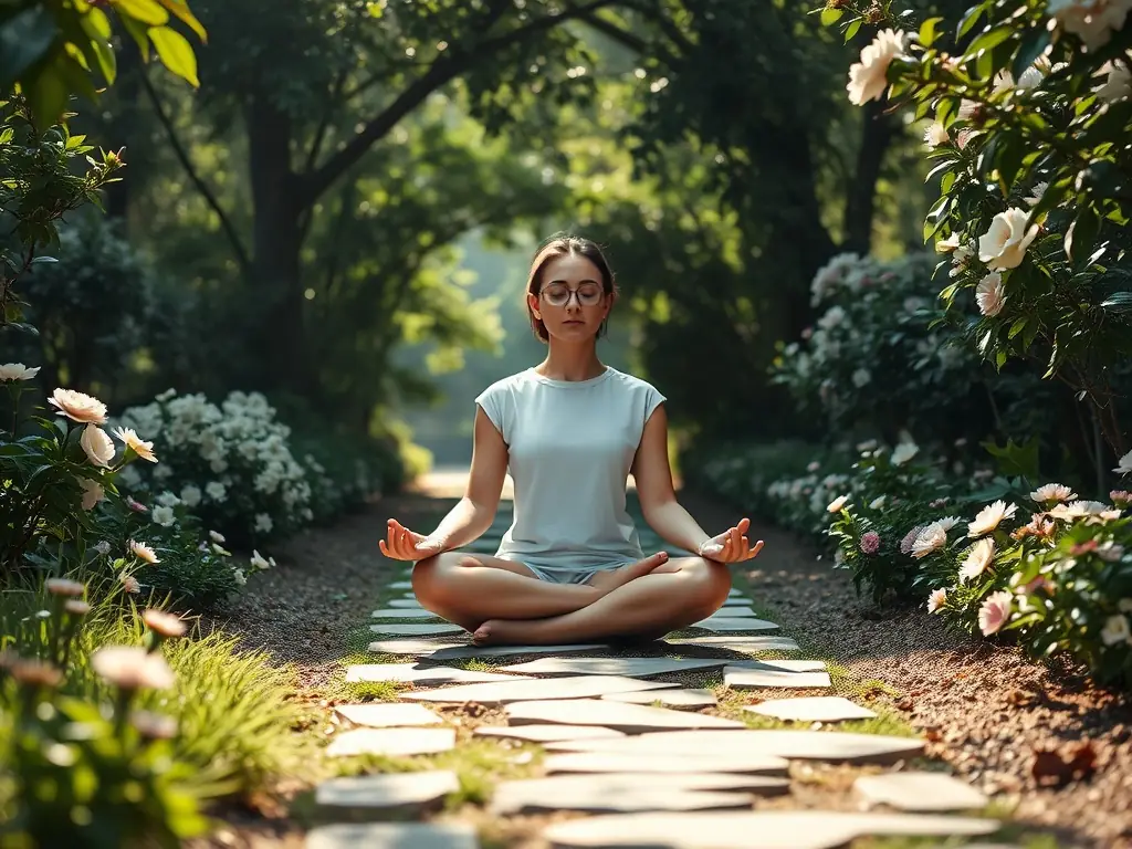 A person meditating in a peaceful garden setting.
