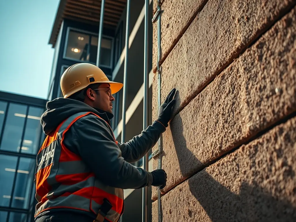 A technician installing thermal insulation on a modern office building.