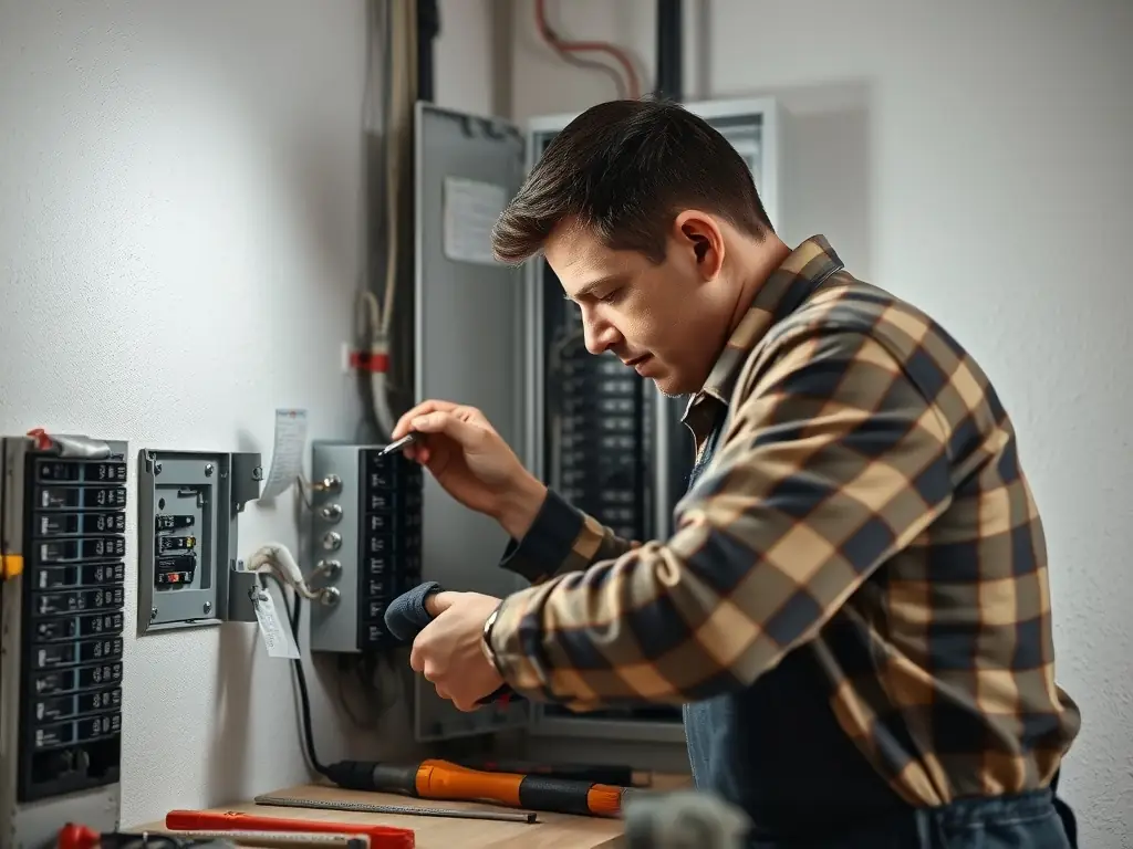 An electrician troubleshooting a circuit breaker, highlighting the meticulous process of diagnosing and repairing electrical issues.