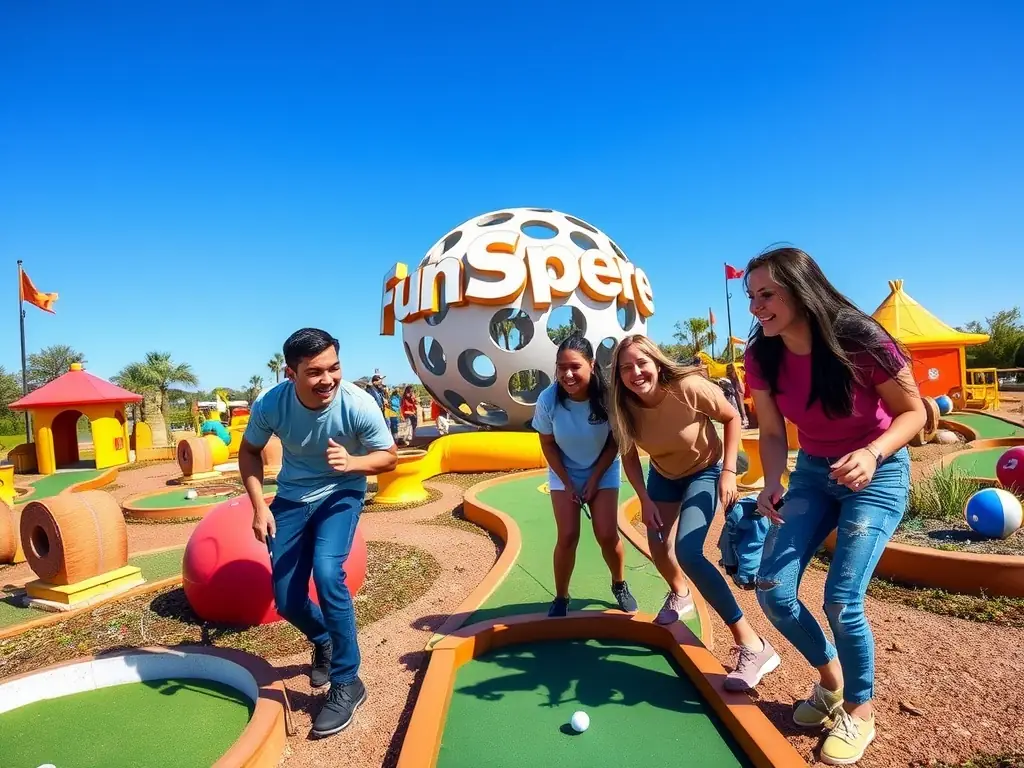 A group of friends playing mini-golf at FunSphere, surrounded by colorful obstacles.
