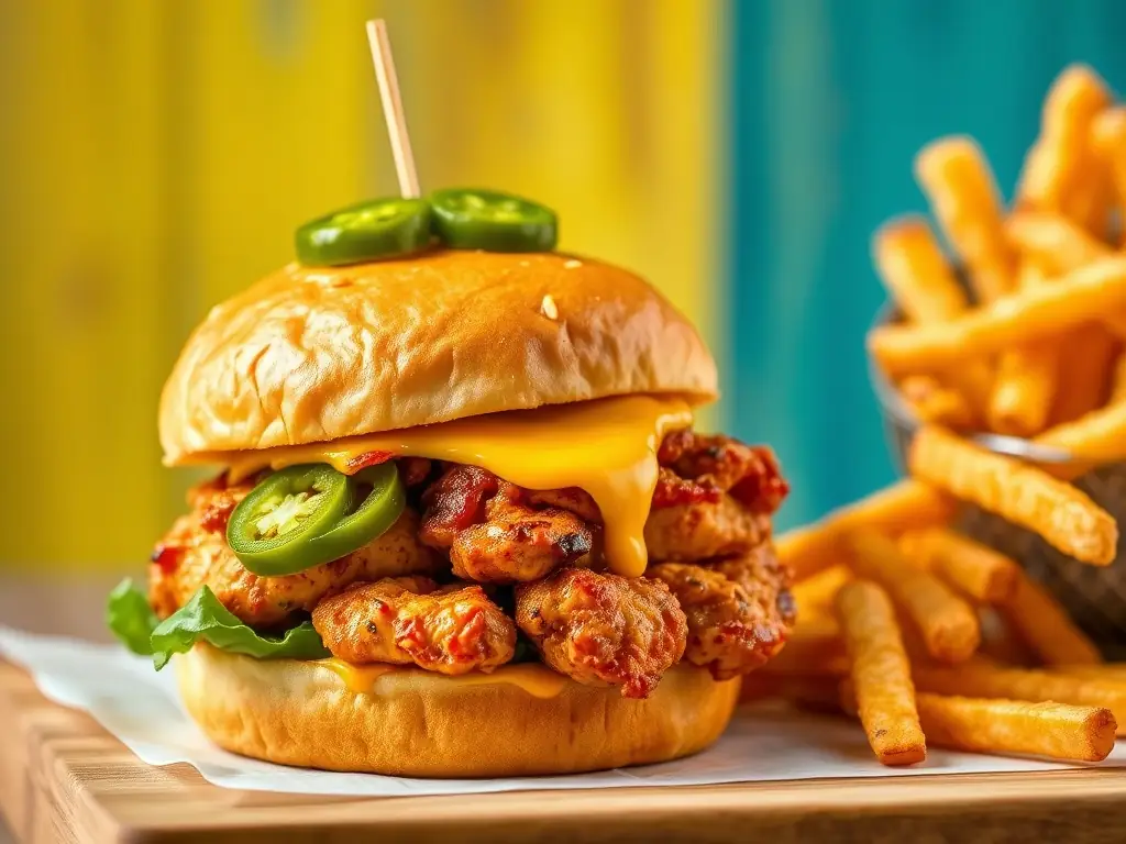 A spicy chicken burger with jalapeños and fries on a plate.