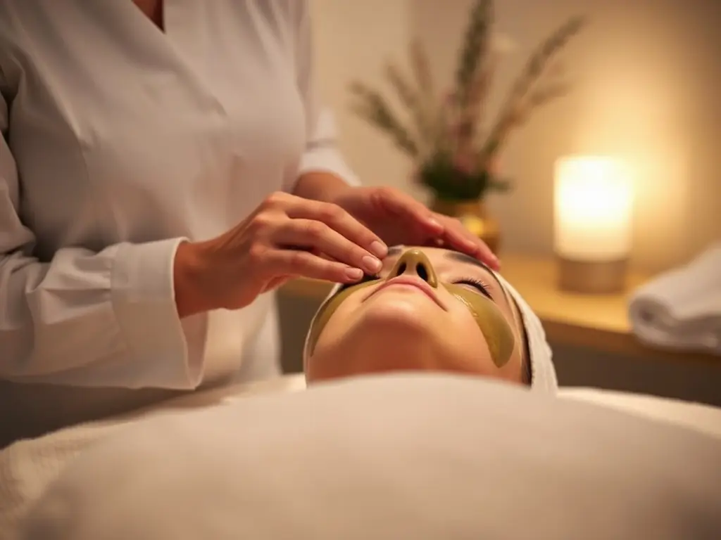 Close-up of a therapist applying a facial mask to a guest.