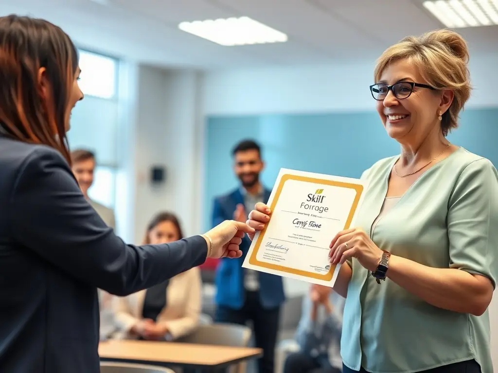 A smiling participant receiving a certificate of completion from a SkillForge instructor.