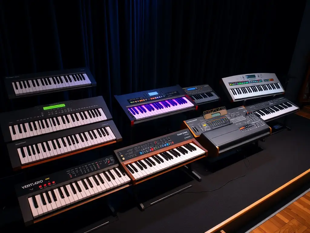 An elegant setup of keyboards illuminated by colorful LED lights.