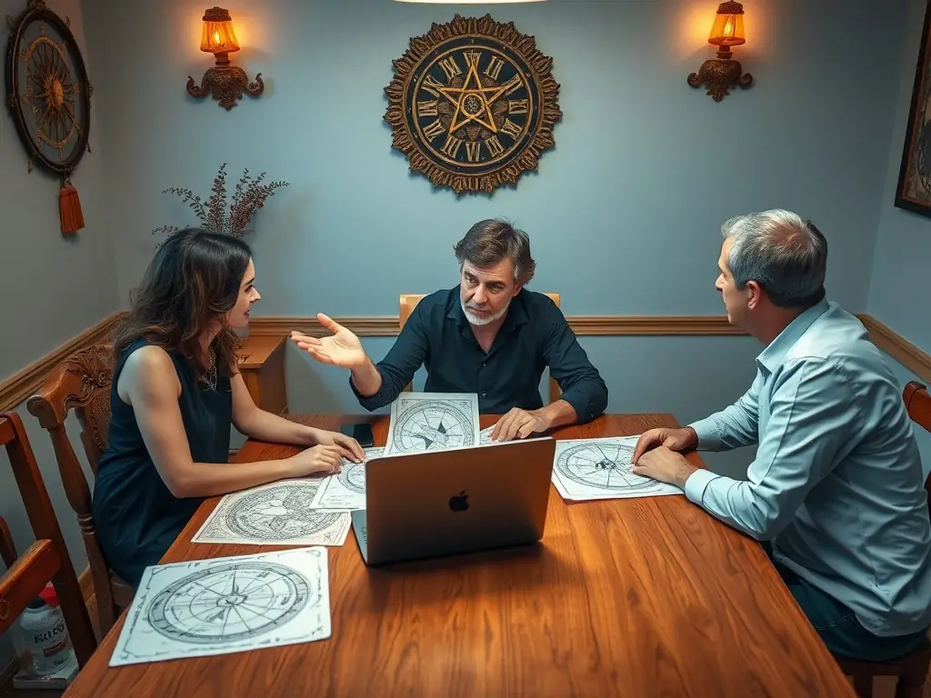An astrologer consulting a client with astrological charts and a laptop in a celestial-themed room.