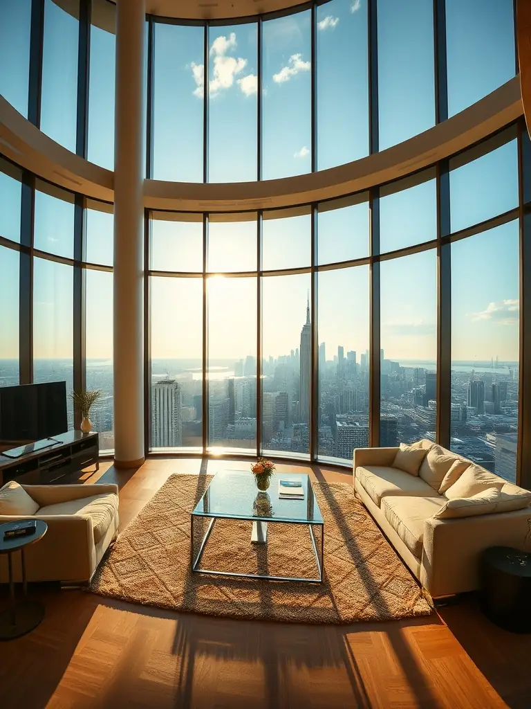 A luxurious living room with floor-to-ceiling windows overlooking the city skyline.