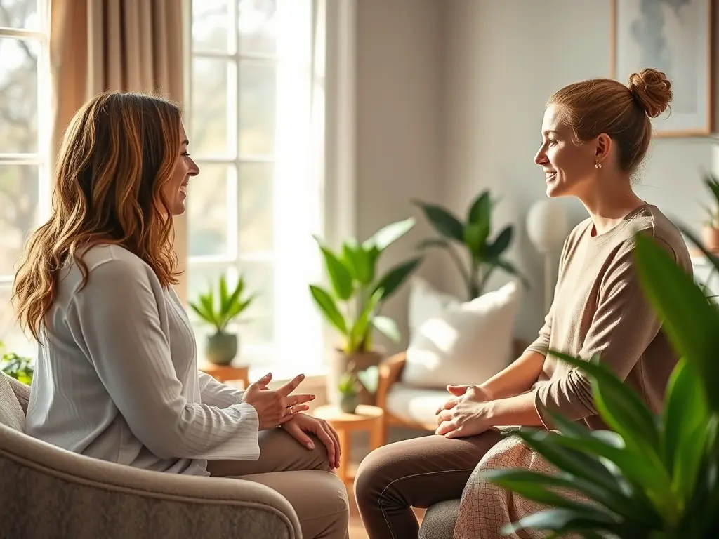 A consultant discussing beauty and wellness with a client in a cozy consultation room.