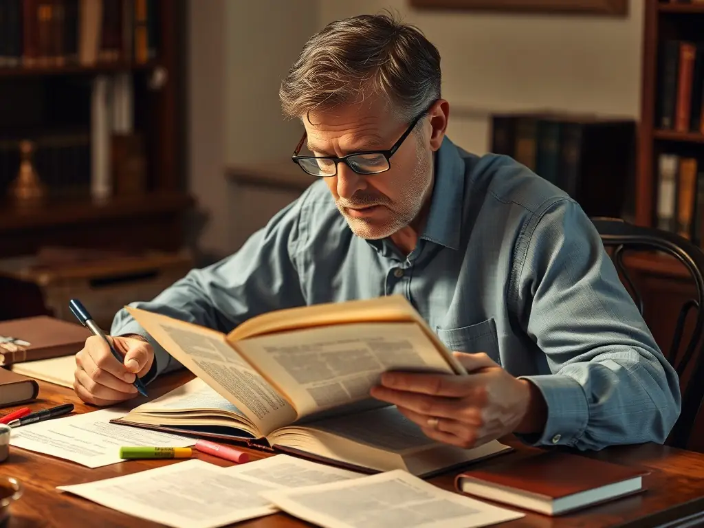 A scholar analyzing a classic novel with notes and highlighters spread out on a table.