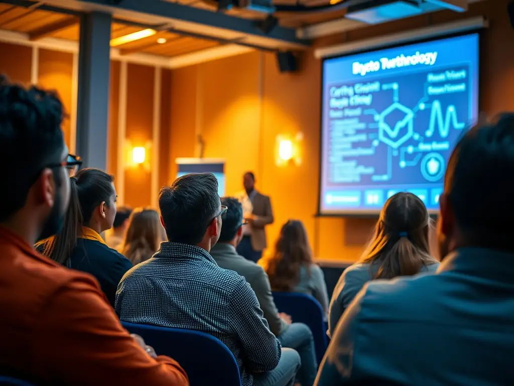 Individuals listening to a speaker at a cryptocurrency workshop.