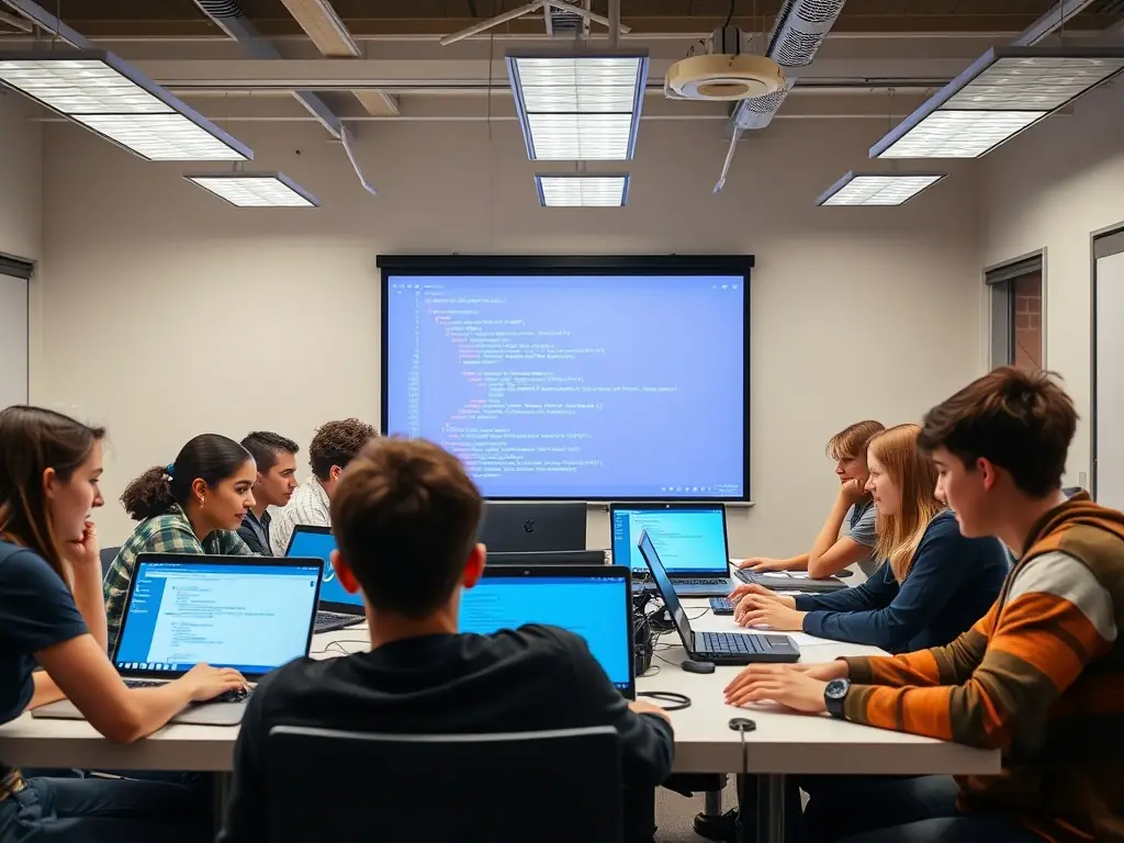 A diverse group of students collaborating in a coding workshop with laptops.